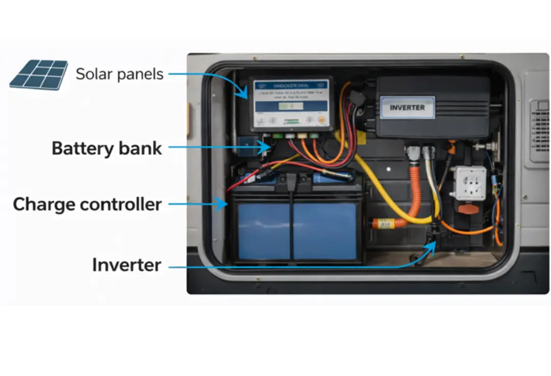 RV connected to shore power with visible charging equipment, illustrating additional battery charging sources for a mobile energy system