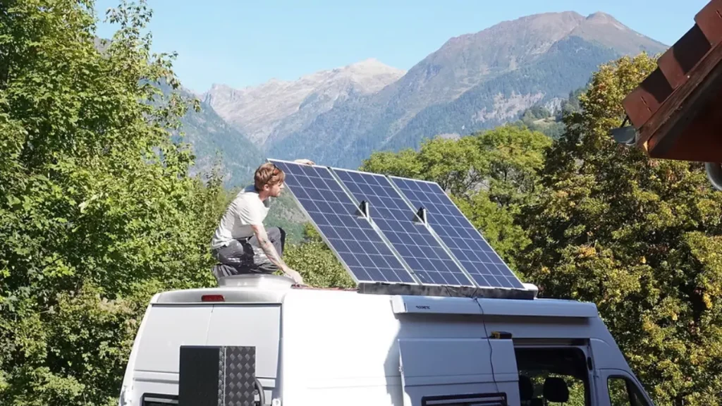 RV van with solar panels on roof off grid setup