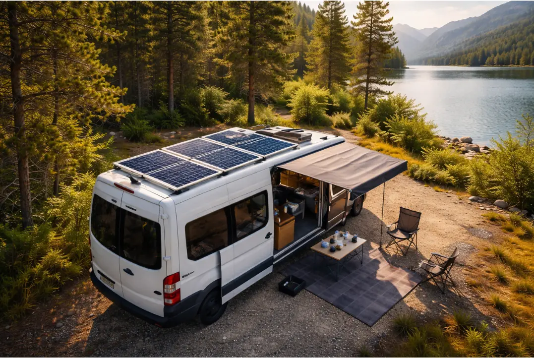 Aerial view of a white RV parked by a lake with solar panels installed on the roof in a realistic outdoor campsite setting