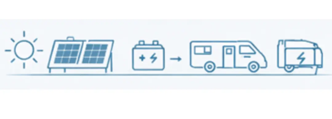 Simple infographic showing the main factors that affect RV solar sizing, including sunlight, roof space, battery capacity, travel style, and backup charging.
