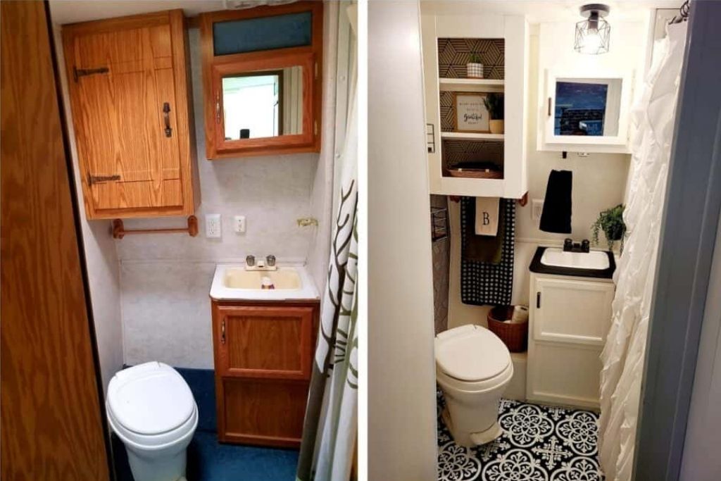 DIY RV bathroom renovation before and after transformation on a budget with storage and design improvements