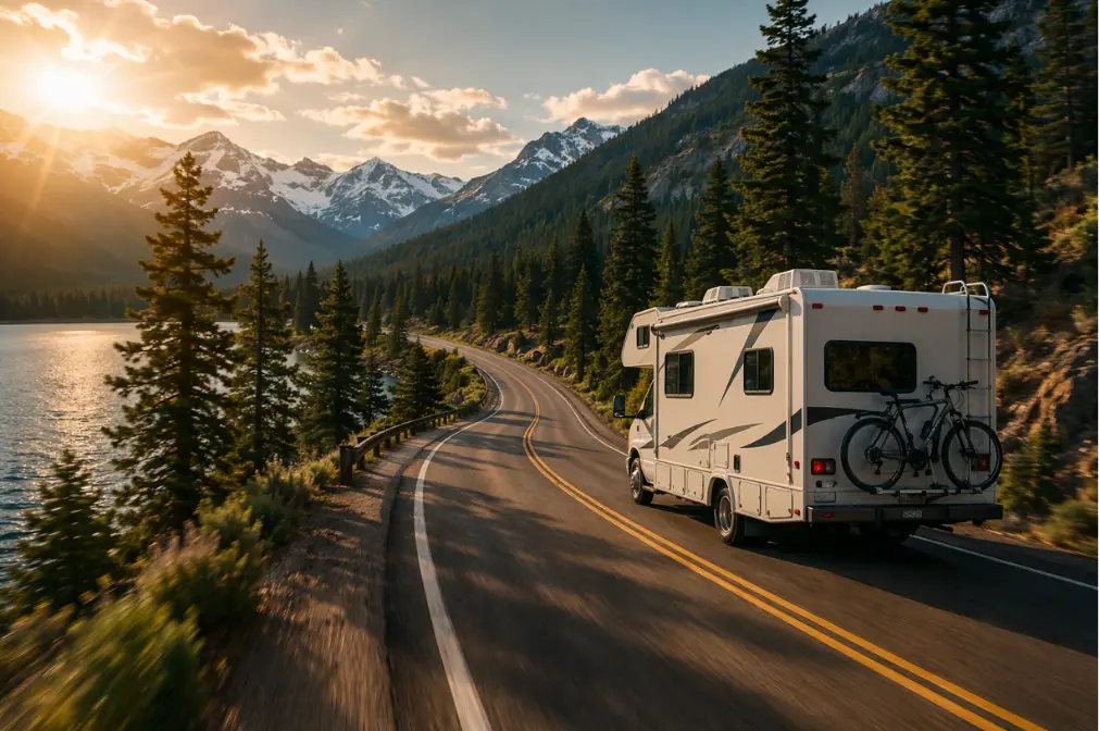 White RV driving on a scenic mountain road beside a lake during golden hour