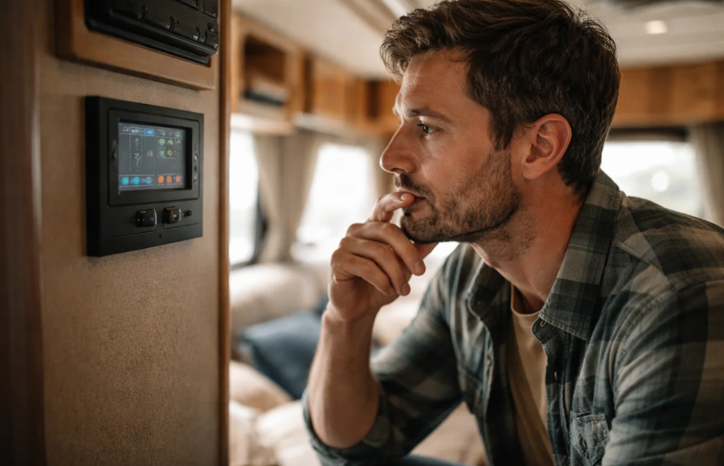 Person inside an RV looking at a battery monitor screen to check energy usage and battery status