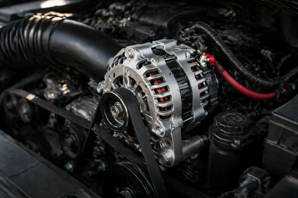 Close-up of a vehicle alternator inside the engine bay with belt and wiring visible
