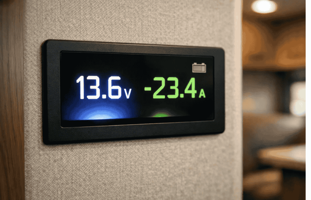 Close-up of an RV battery monitor showing voltage and current readings inside the vehicle