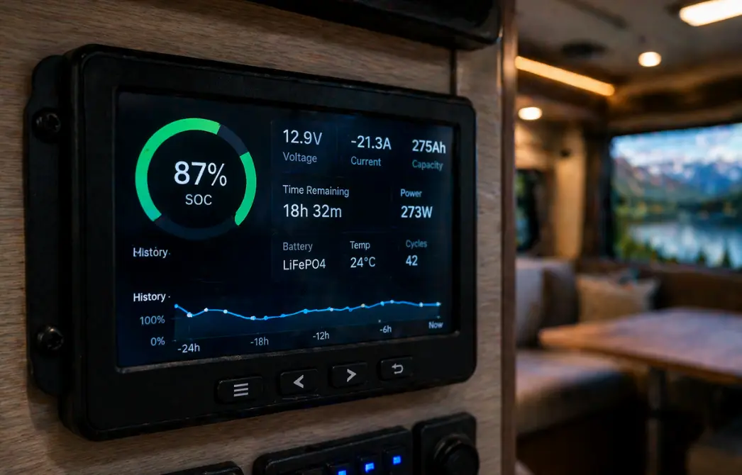 Close-up of an RV battery monitoring screen showing charge level, voltage, current, and power data