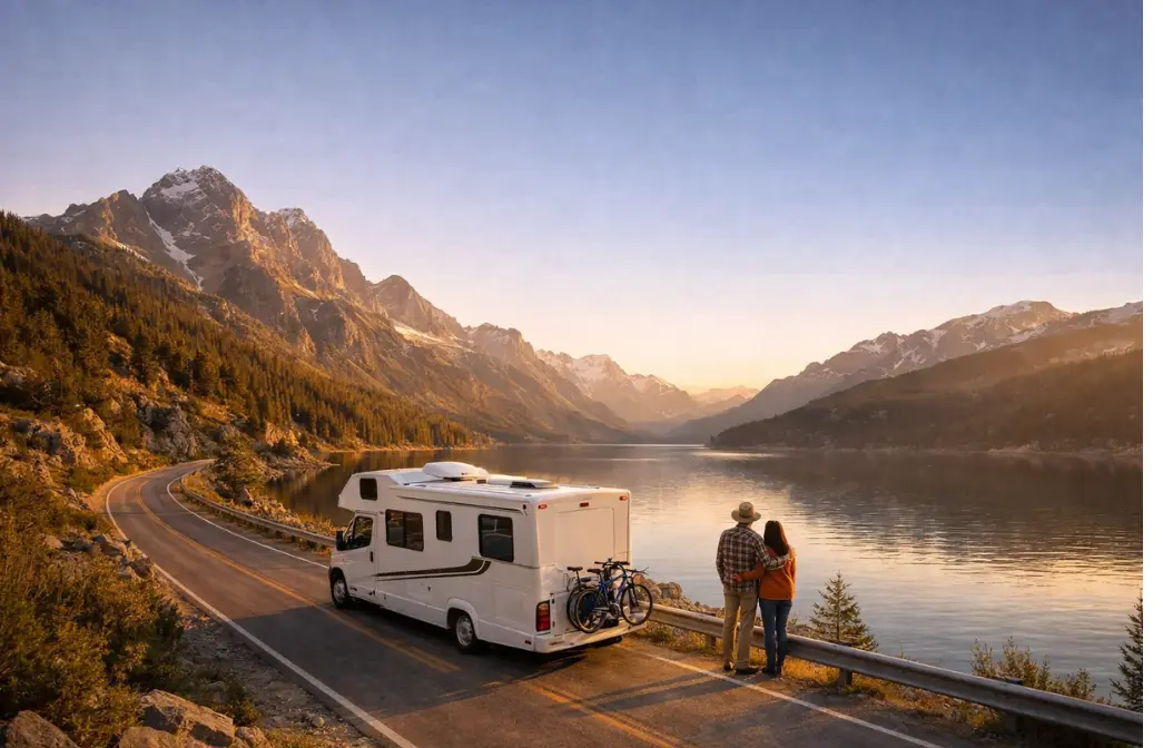 White RV driving on a scenic mountain road next to a lake during golden hour