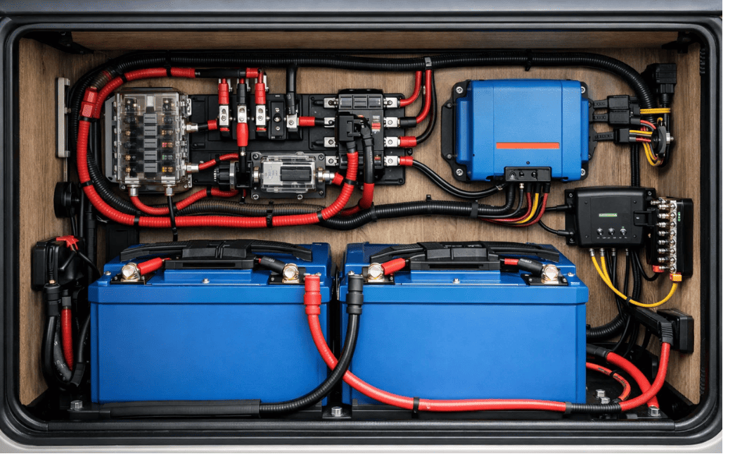 Organized RV electrical setup with lithium batteries, cables, fuse box and DC-DC charger