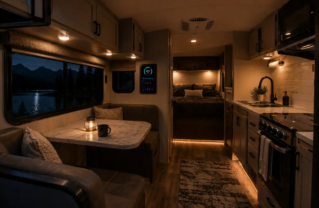 Cozy RV interior at night with warm lighting, kitchen area, seating, and sleeping space