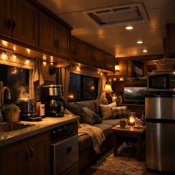 Cozy RV interior at night with lights on and appliances running powered by battery system
