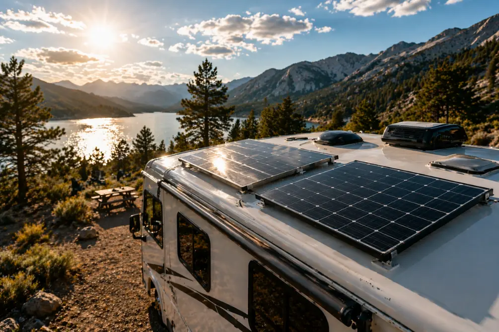RV with roof solar panels parked near a lake and mountains in bright sunlight