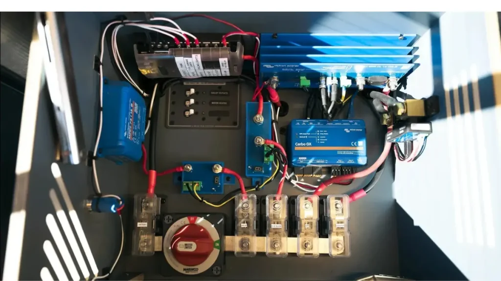 RV lithium battery system with inverter and clean wiring setup
