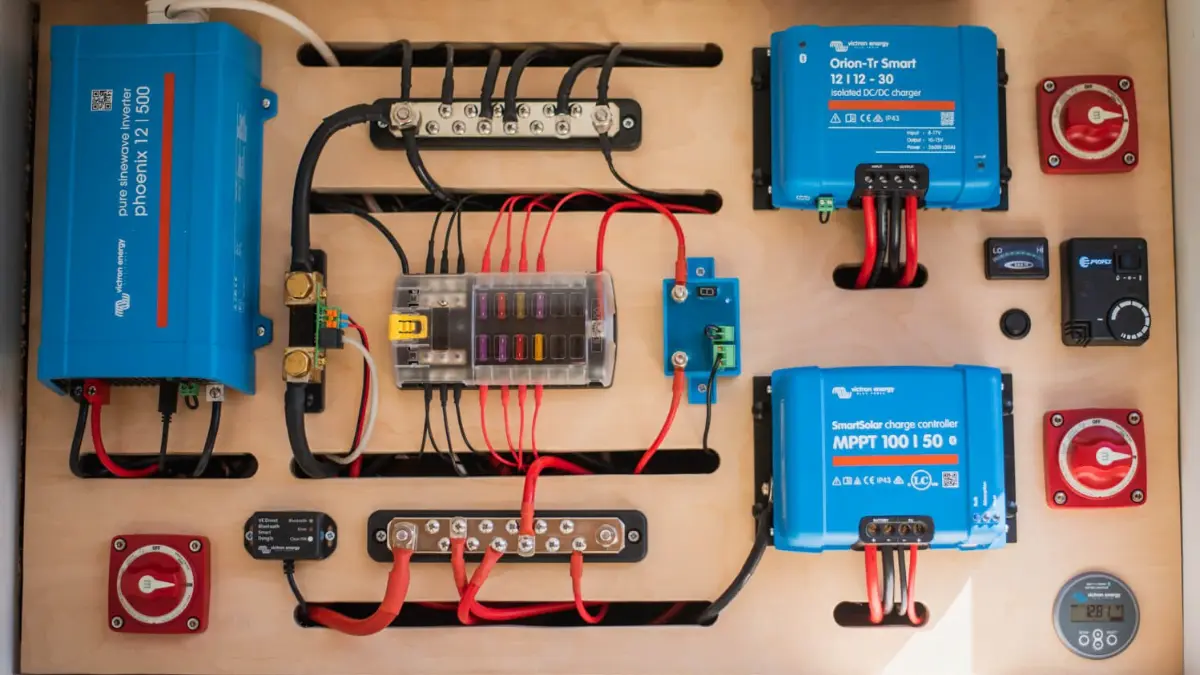 clean RV van electrical system with lithium battery inverter and wiring