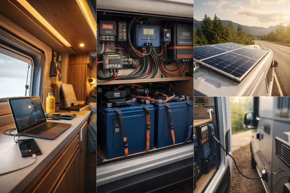 RV solar power system with clean lithium battery installation and organized wiring setup inside a camper van