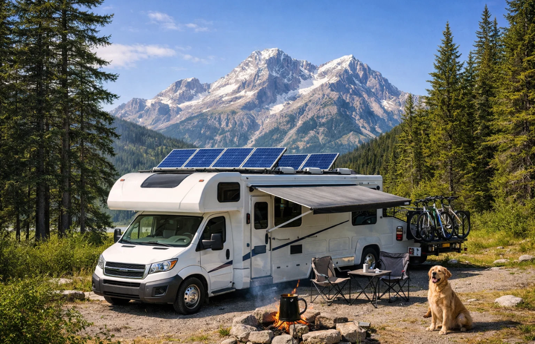 RV parked outdoors with solar panels on the roof surrounded by mountains and trees