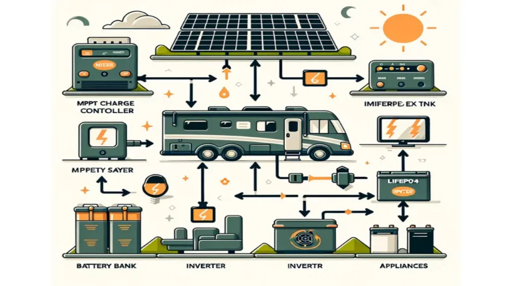 RV power system diagram: solar panels, charge controller, battery bank, inverter
