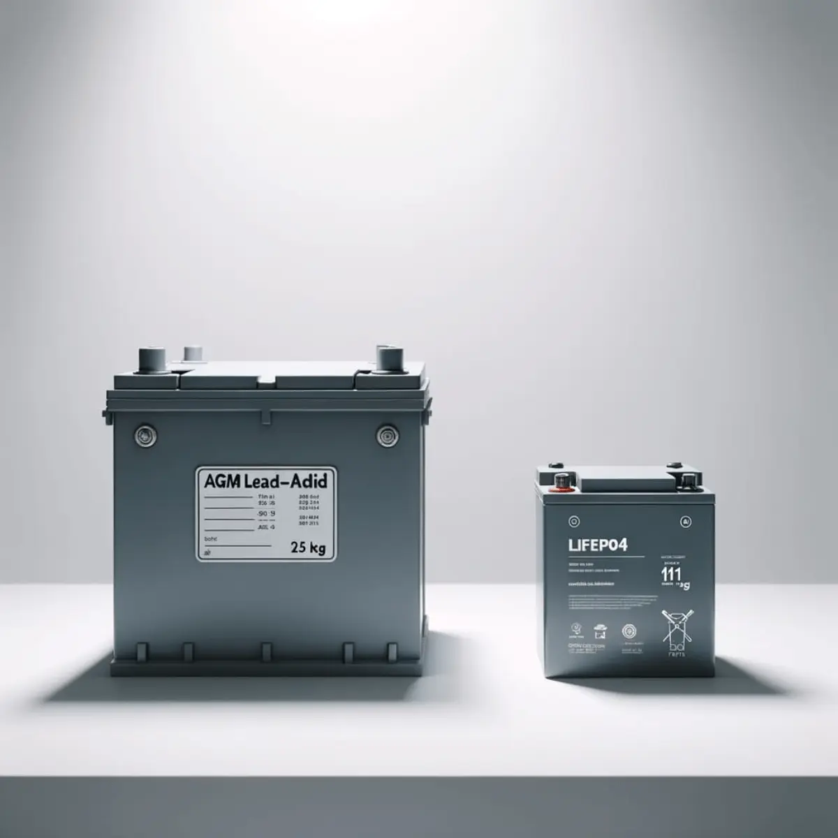 Split-screen comparison of AGM battery (25kg) vs LiFePO4 lithium battery (11kg) on white surface with weight labels