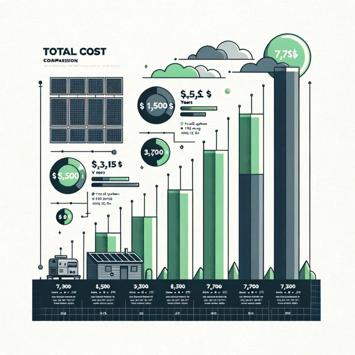Bar chart infographic comparing 5-year total cost: Solar system 1000-3500 dollars green bar vs Generator 7700 dollars grey bar