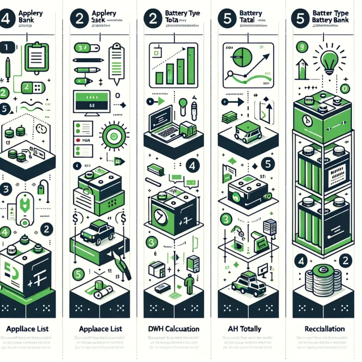 Step-by-step RV battery bank sizing formula infographic showing 5 steps from appliance list to final battery bank