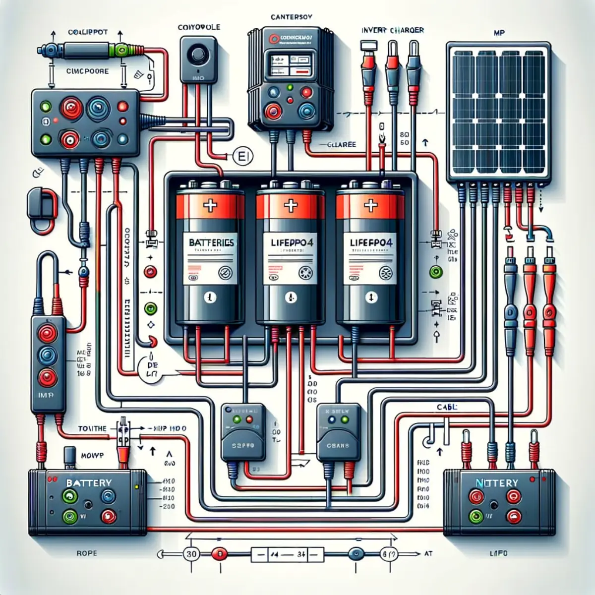 RV LiFePO4 battery bank wiring diagram showing 4 batteries in parallel with MPPT charge controller and inverter charger