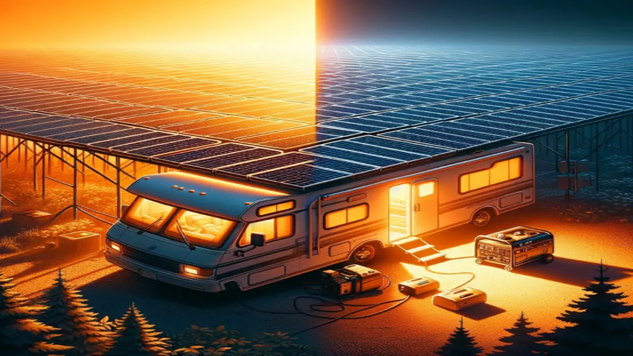 RV with rooftop solar panels and portable generator powering off-grid setup, comparing solar and generator boondocking power options