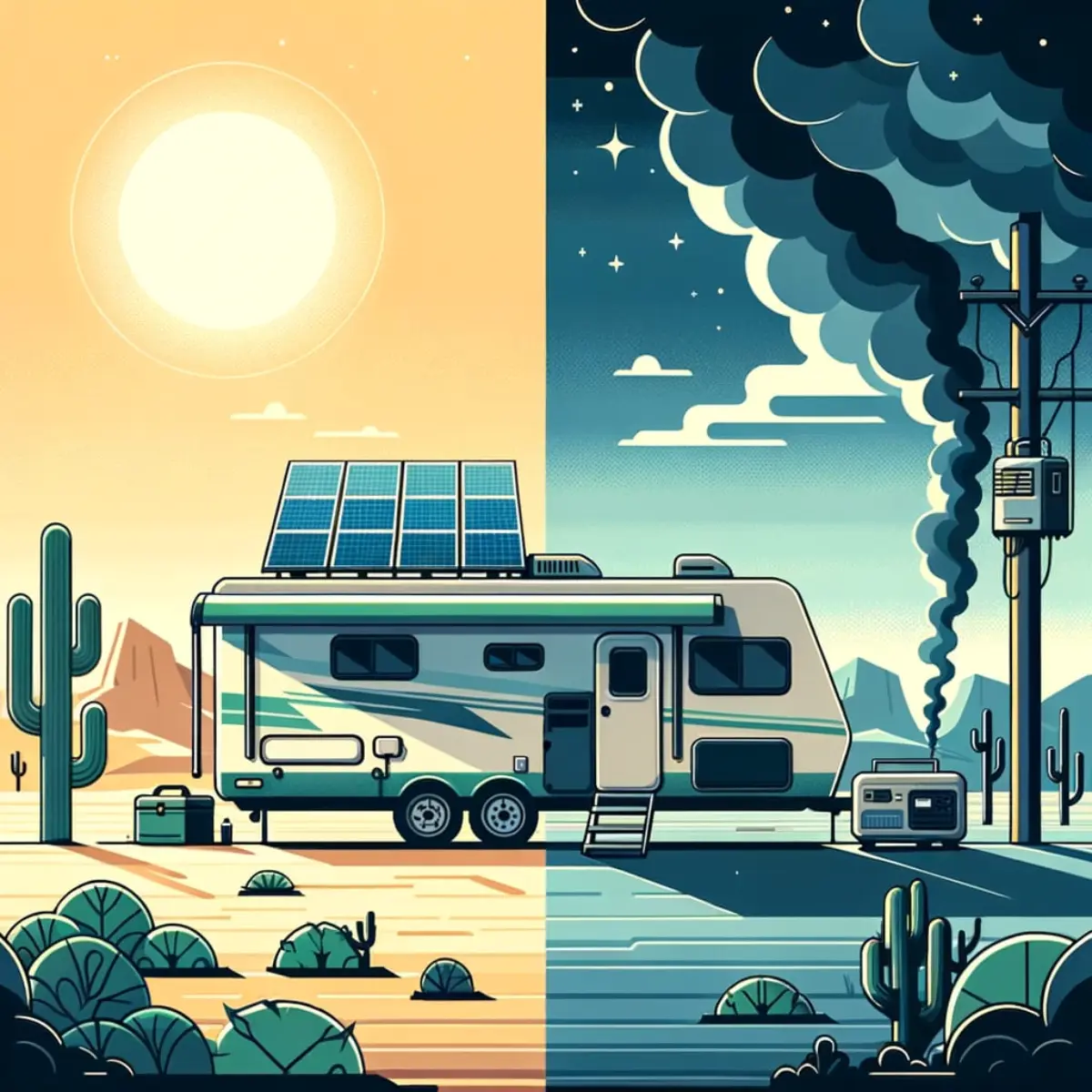 Split scene illustration comparing RV with solar panels in sunny desert vs RV with generator running at night, flat design green vs grey