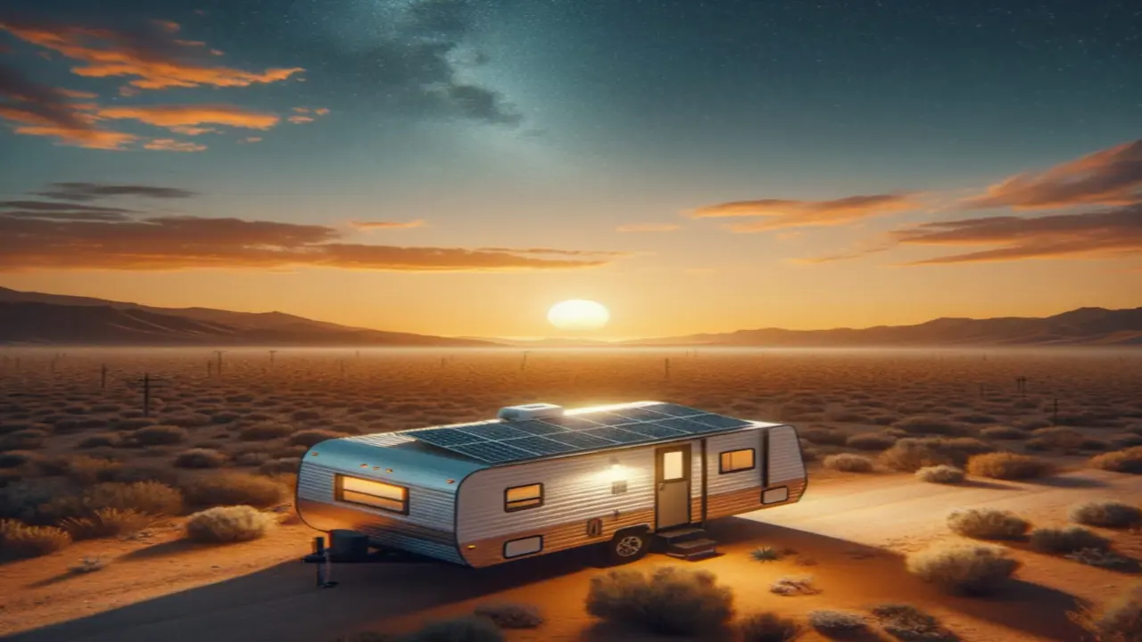 Travel trailer parked in remote desert boondocking on solar power and RV batteries
