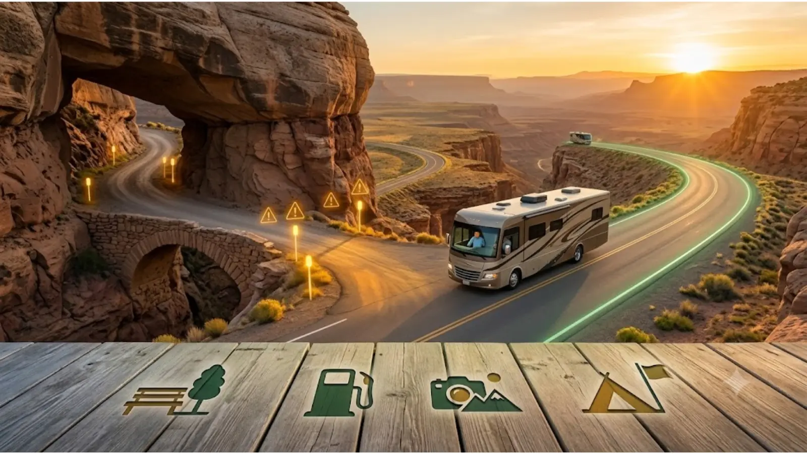 Class A motorhome route planning visual showing a large RV avoiding a tight risky road
