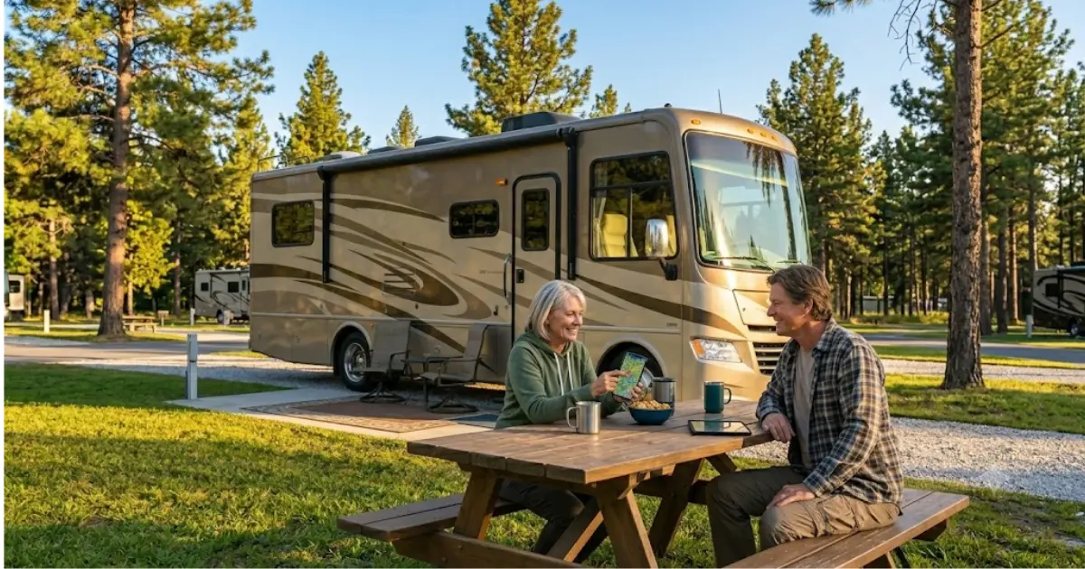 Full-time RV couple using smartphone apps outside motorhome at scenic campground