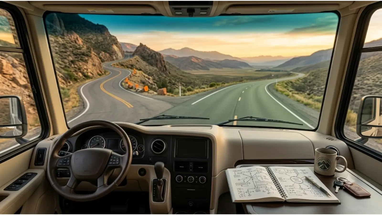 Best RV GPS apps visual showing an RV driver choosing a safer route before a risky mountain road