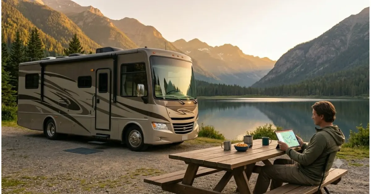 RV traveler using trip planning app on tablet outside motorhome at scenic campground