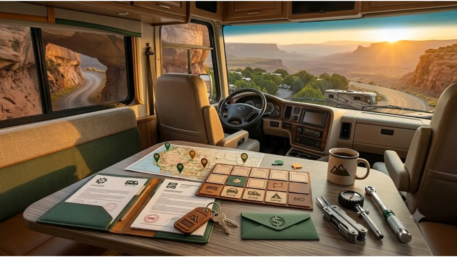 Full-time RV trip planning checklist visual with routes, budget, insurance, maintenance, and campground planning