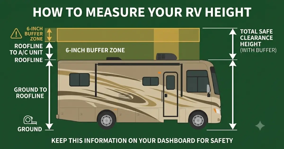Diagram showing how to measure total RV height including air conditioner and roof equipment