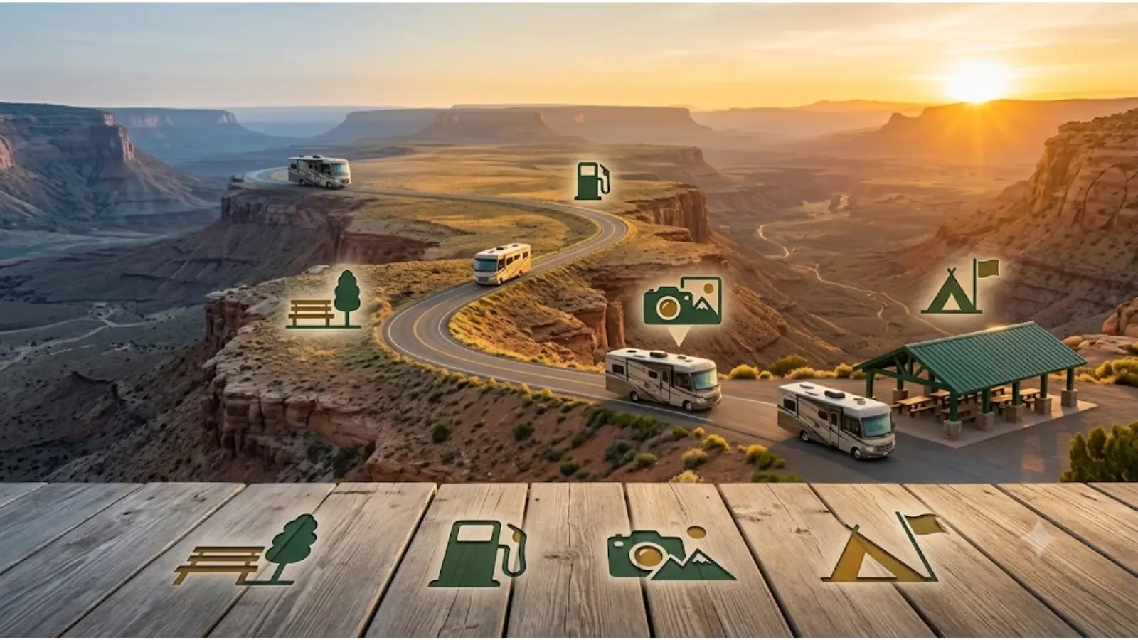 How to plan an RV road trip visual showing a complete travel day route from departure to campground