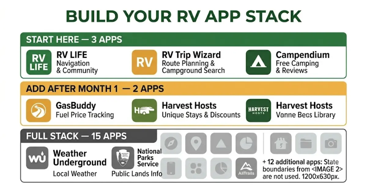 Three-tier infographic showing how to build your RV app stack from essential to complete