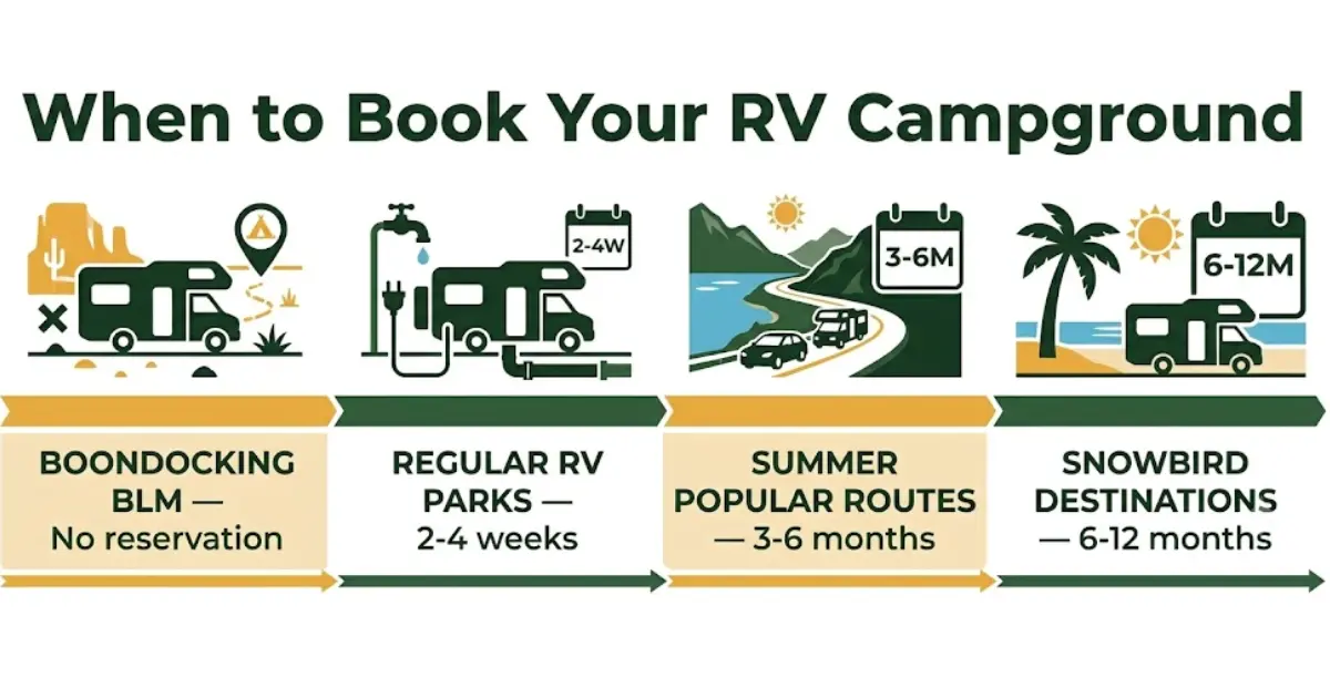 Timeline showing how far in advance to book RV campgrounds by destination type