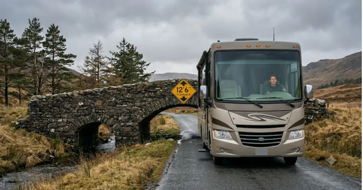 Large motorhome approaching a low clearance bridge warning sign on rural road