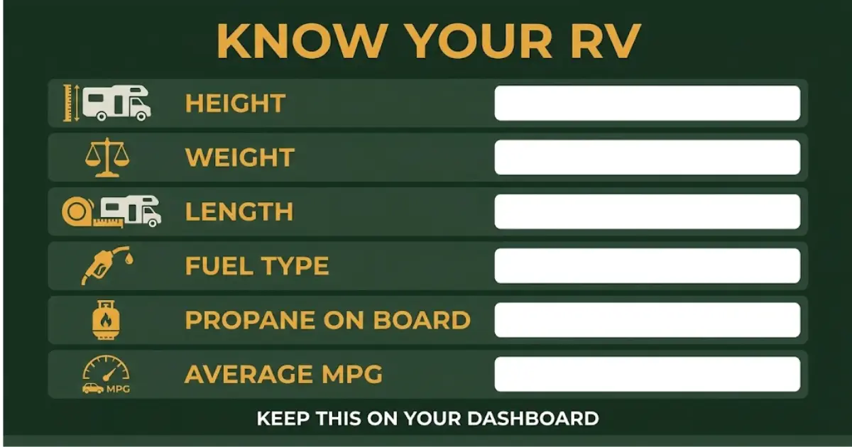 RV specs reference card showing height weight length fuel type propane and MPG fields