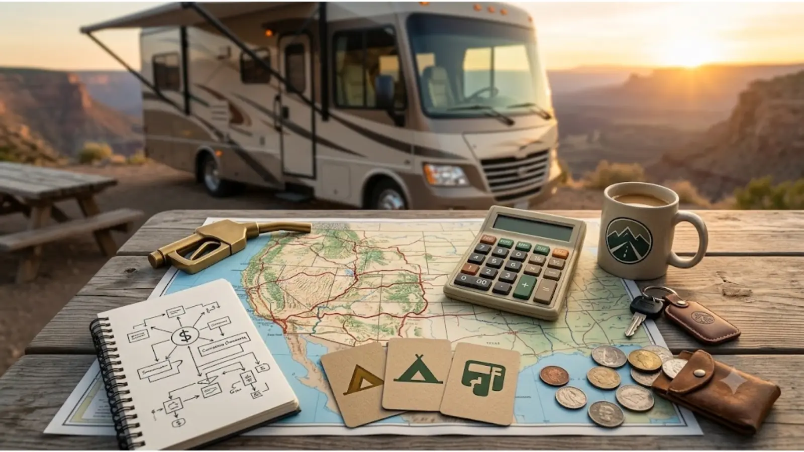 RV trip cost calculator visual with fuel, campground, route, and travel budget planning