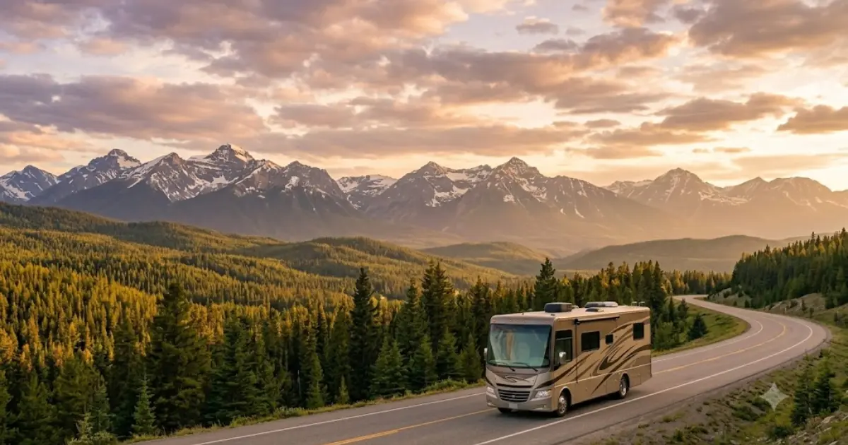 Class A motorhome driving on scenic mountain highway at sunset for RV trip planning guide