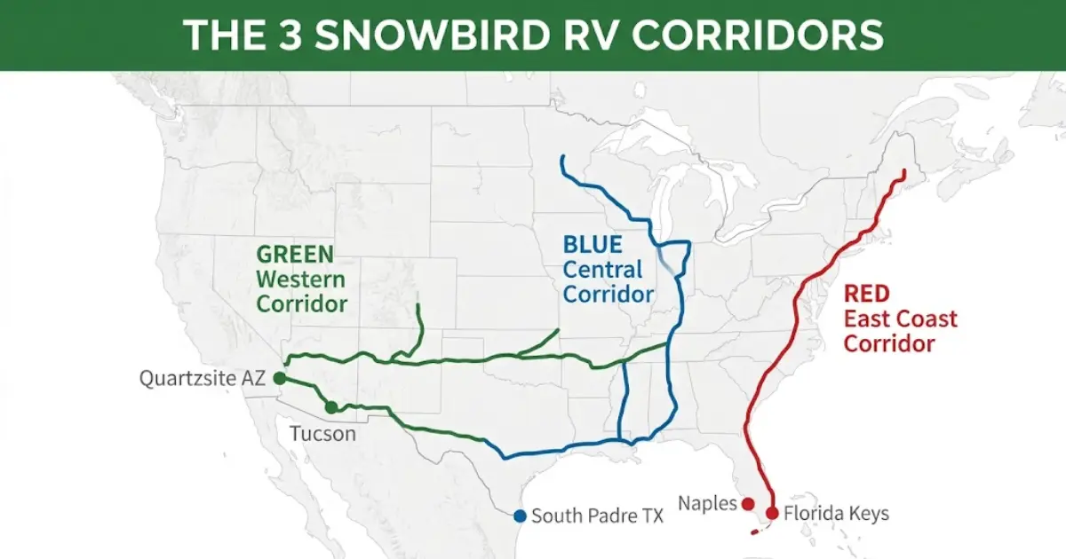 Map showing three snowbird RV routes to Florida Texas and Arizona