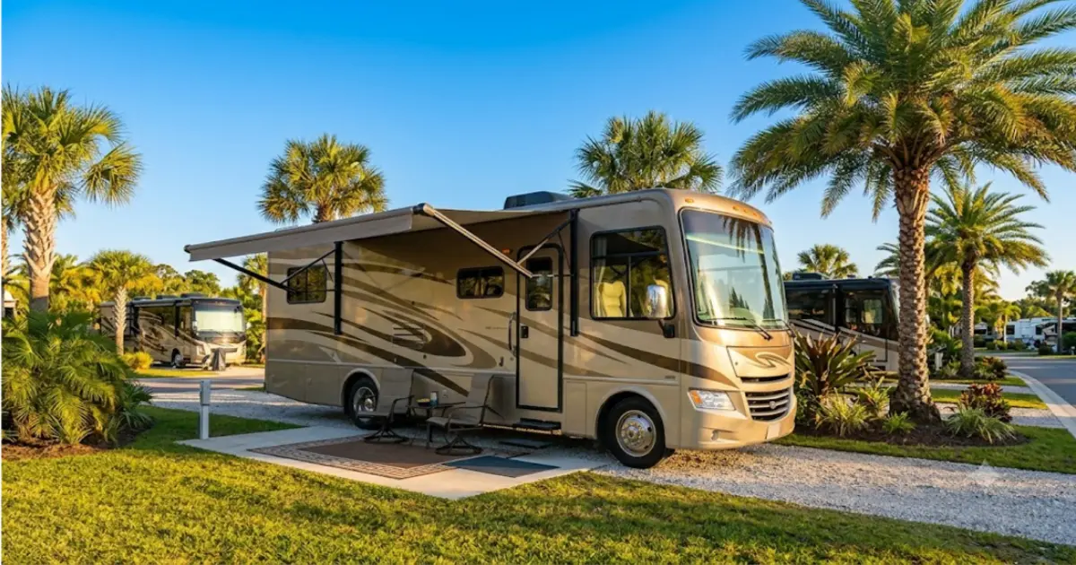 Motorhome parked at sunny southern RV resort with palm trees for snowbird route planning guide