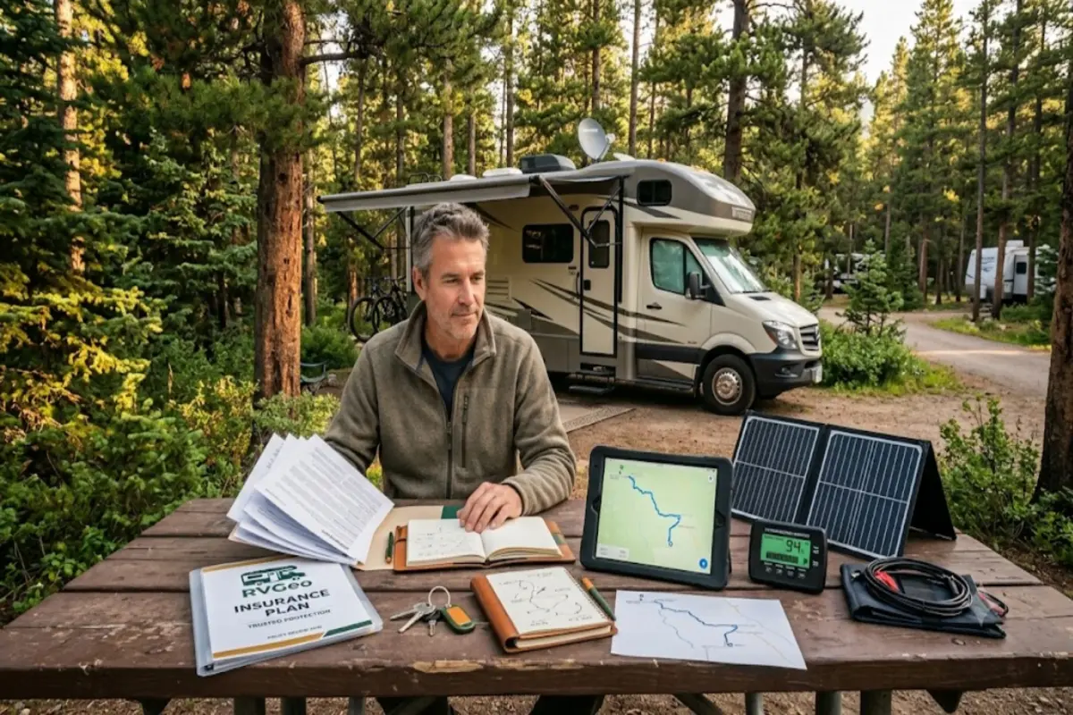 RV owner reviewing insurance documents and travel plans beside a motorhome at a campsite