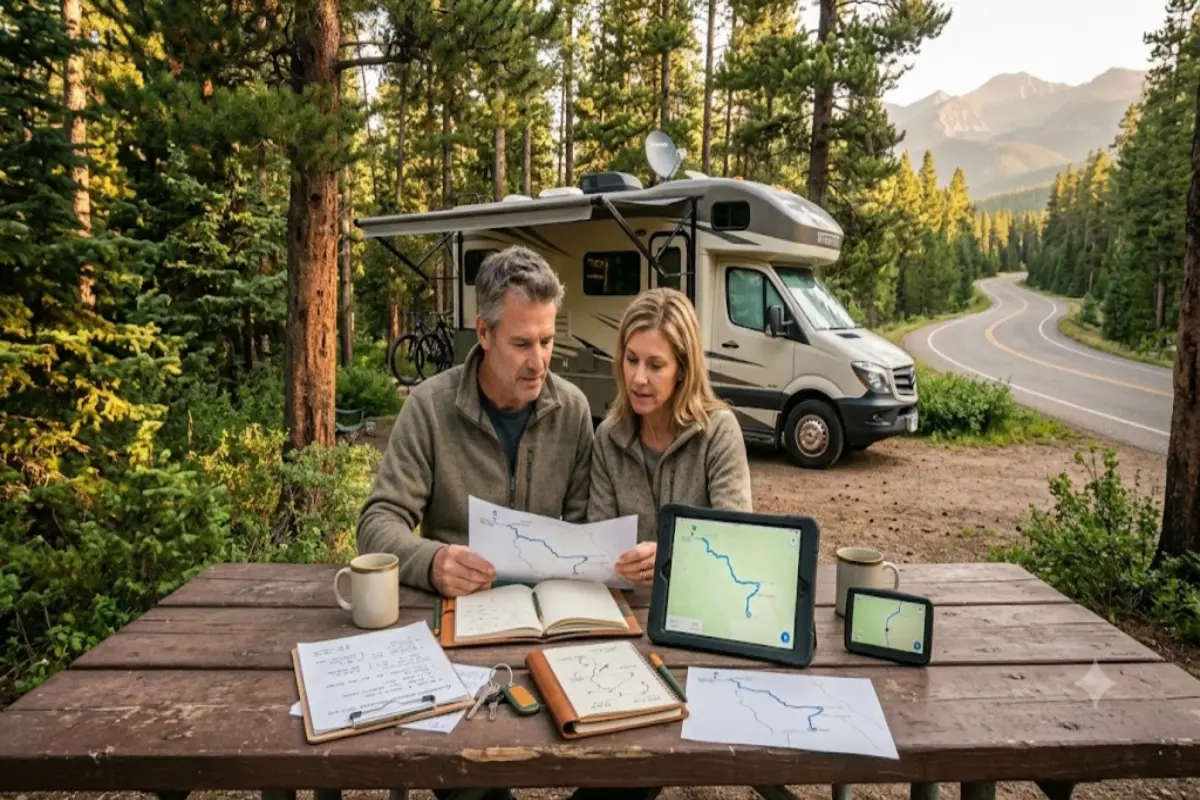 Couple planning an RV road trip with map and GPS beside a motorhome at a campsite
