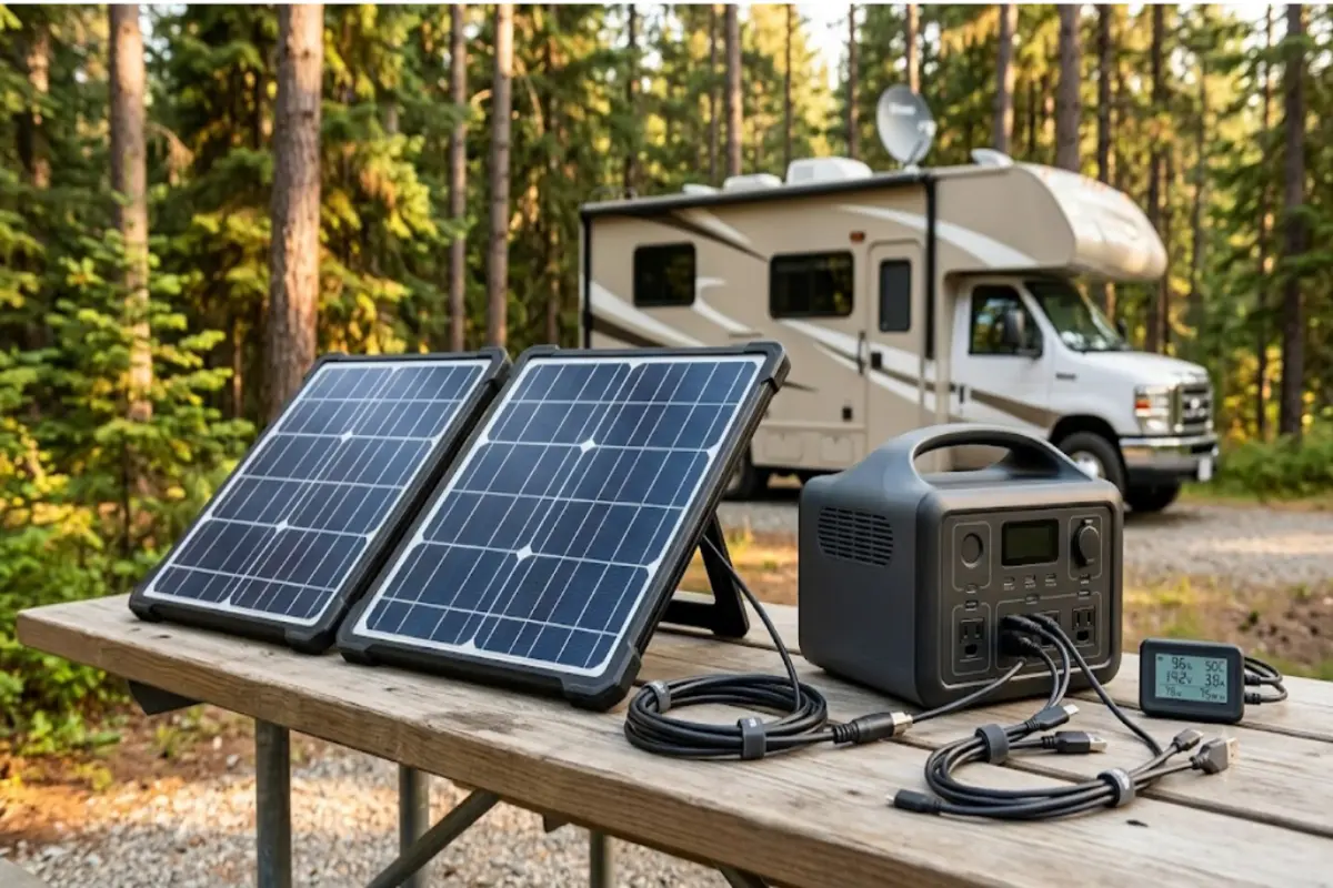 RV solar panels and lithium battery setup at a campsite for off-grid power planning