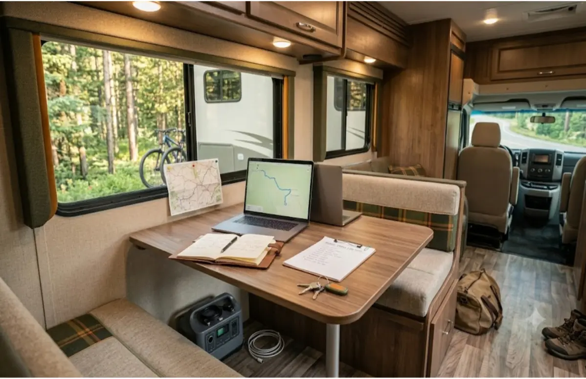 Organized RV interior workspace with laptop, power station, checklist, keys, and route map