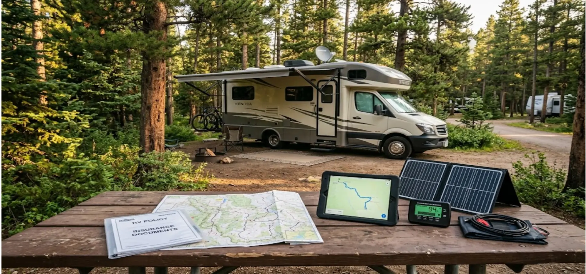 RV planning table with map, insurance documents, solar gear, and motorhome at a forest campsite