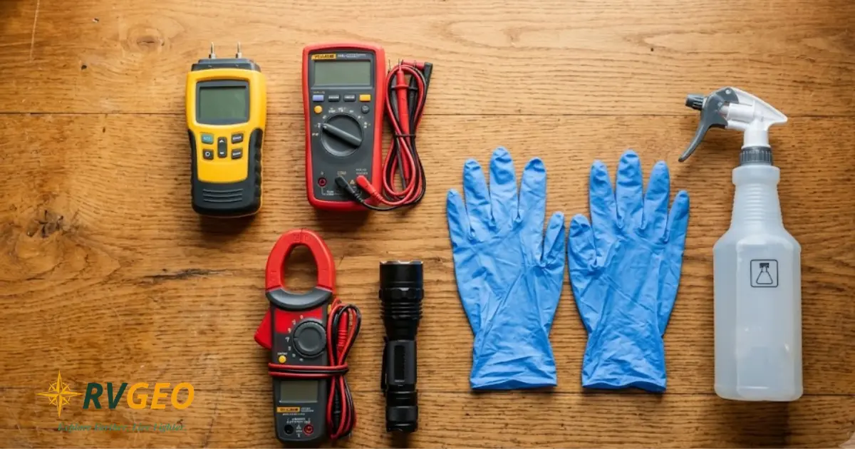 RV inspection tools on a workbench: moisture meter, multimeter, clamp meter, flashlight, gloves and leak-detector spray
