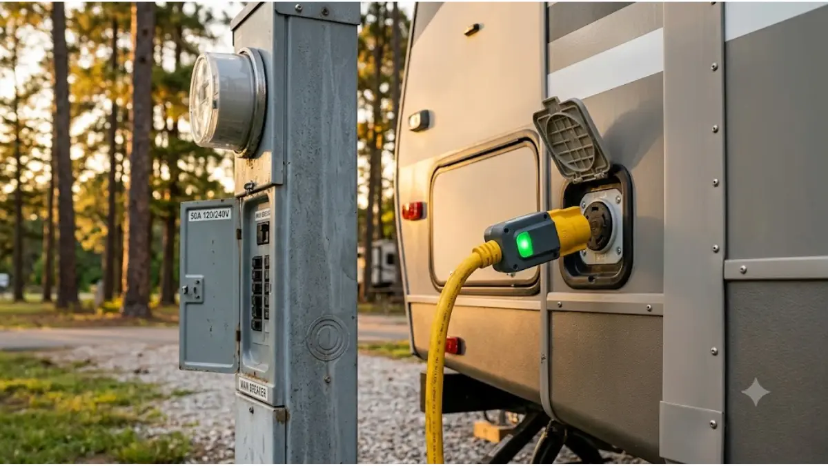 RV plugged into campground pedestal with surge protection device — new 2026/27 RV electrical rules