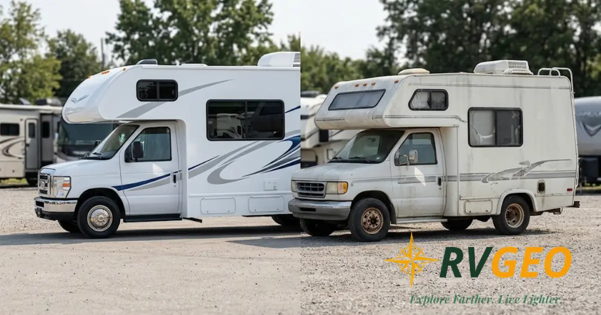 A newer shiny motorhome next to an older weathered one, a new versus used RV comparison